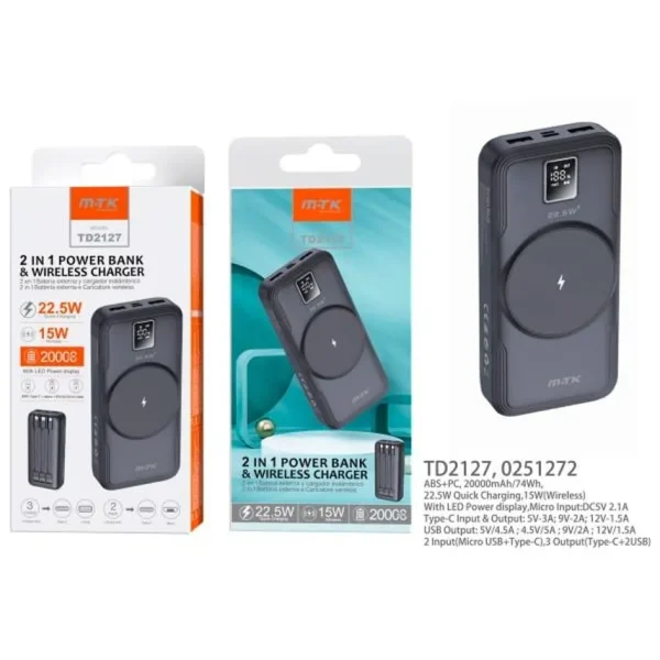 Power Bank 20,000 mAh with Wireless Charging & Cable (iPhone + Type C + Micro)