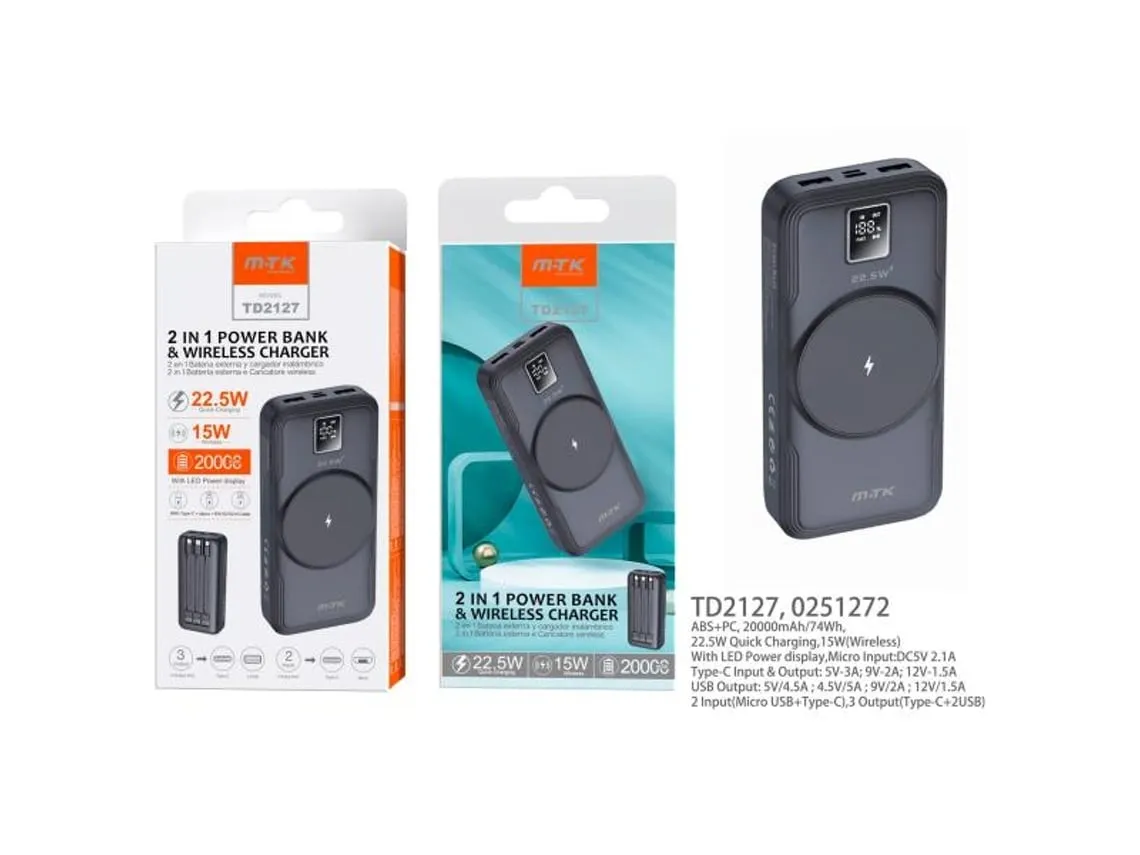 8dd1faeddc72940bb10de8c7738ec5f0 Power Bank 20,000 mAh with Wireless Charging & Cable (iPhone + Type C + Micro) - Image 1