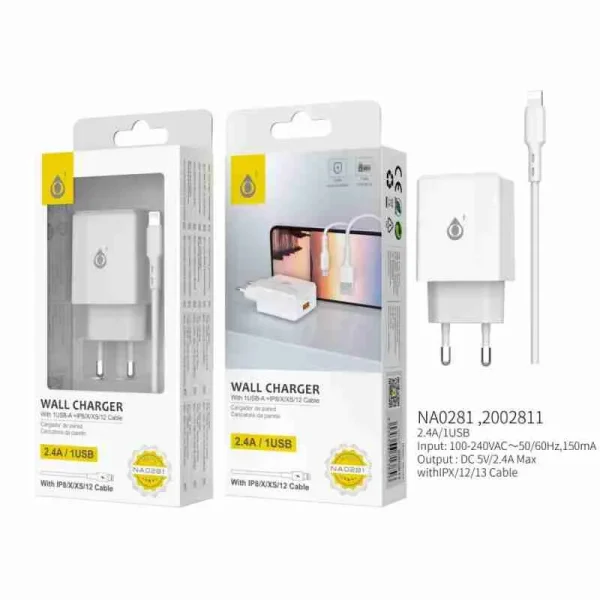 Wall Charger with 1Usb-A +iP8/X/XS/12 Cable