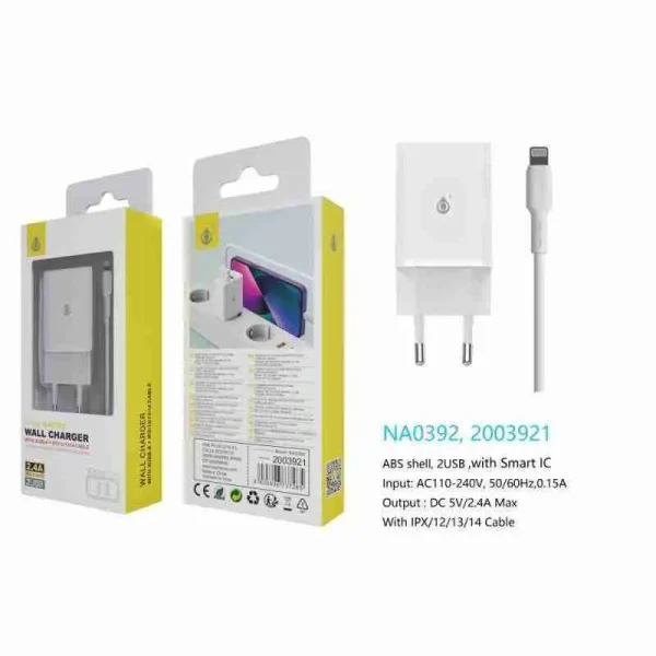 2.4A 2 USB Charger with Lightning/iPhone Cable