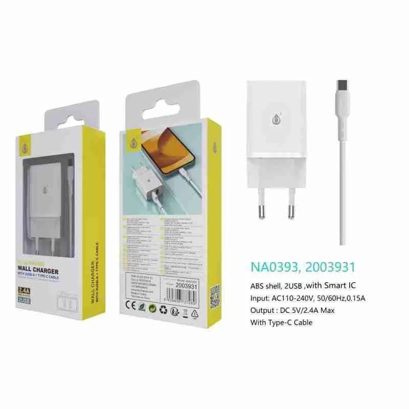 NA0393-BL-Cargador-de-Red-KAI-2-USB-Con-Smart-Chip-Con-Cable-Type-C-24A-Blanco 2.4A 2USB Charger with Type-C Cable - Image 1