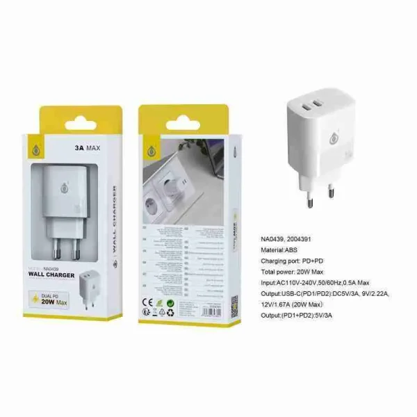 Fort fast network charger, 2 USB-C ports*2 (20W Max), No cable