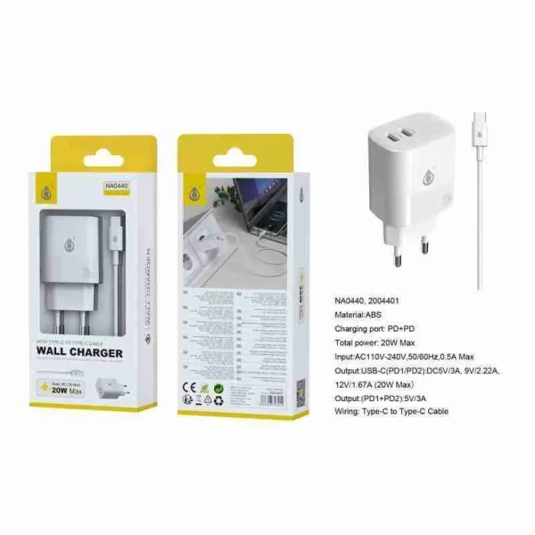 PD Dual Charger (20W + 20W) with Type-C to Type-C Cable