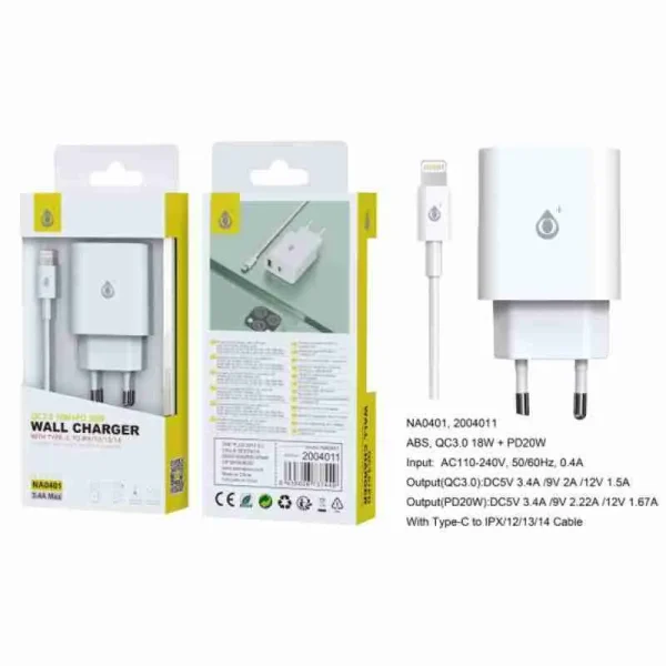 PD 20W+QC18W Fast Charger with Type-C Cable for iPhone/Lightning