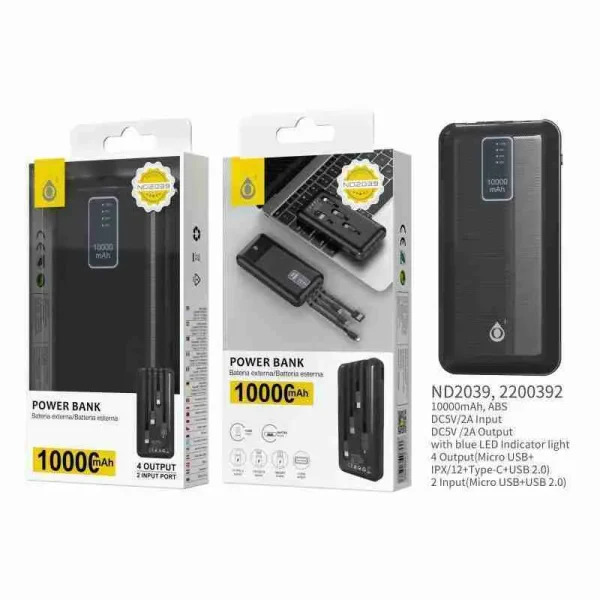 Power Bank 10,000mAh with Cable (iPhone + Type C + Micro)