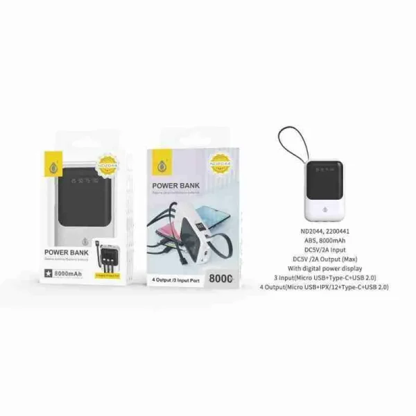 Power Bank 8000 mAh with Cable (iPhone + Type C + Micro)