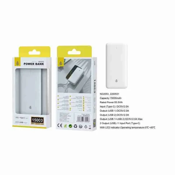 PowerBank Omar 15000mAh/55.5Wh With LED Indicator, 1 input (Type-C), 2 outputs (USB-A)
