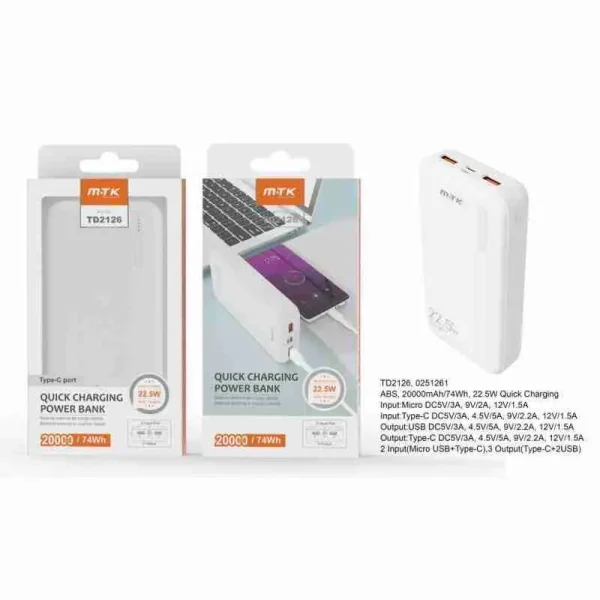 Power Bank 20,000 mAh Fast Charging 22.5W
