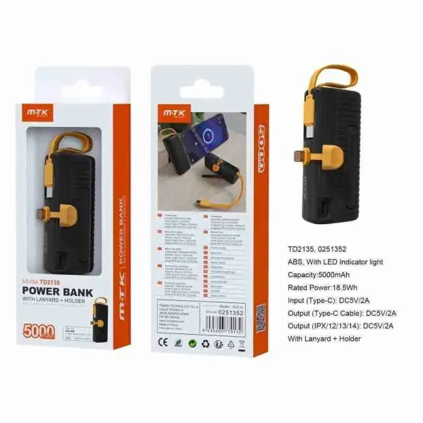 Power Bank 5000 mAh with Cable (iPhone + Type C)