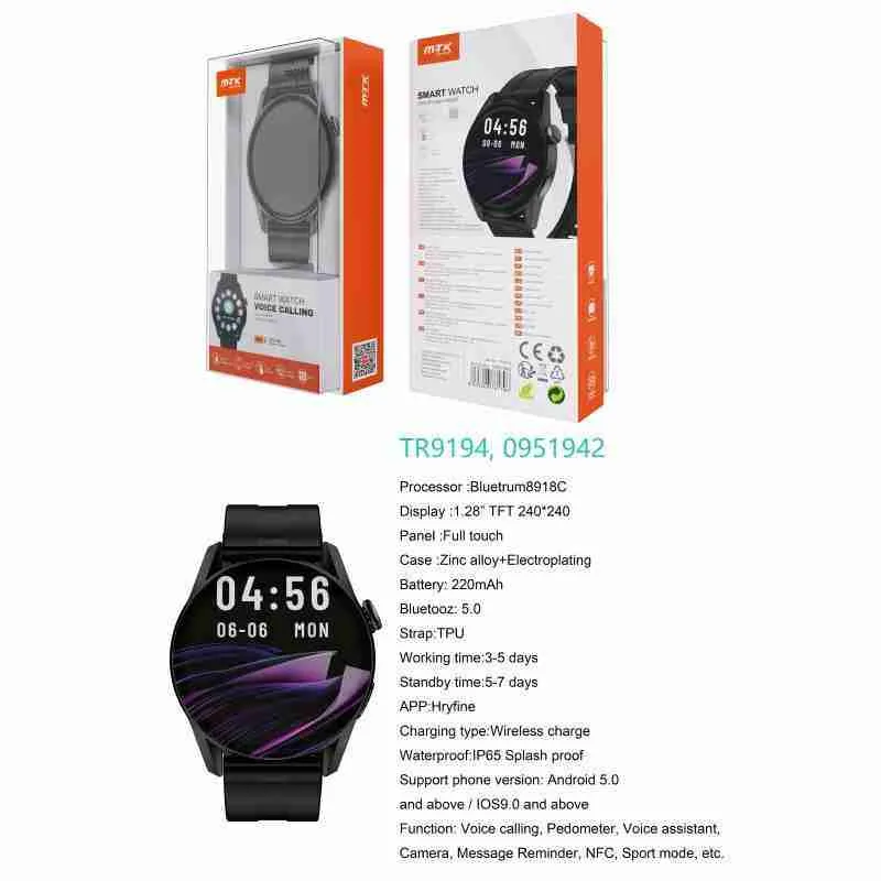 TR9194-NE-Reloj-Inteligente-con-bluetooth-50-Pantalla-tactil-de-128-pulgadas-Soporta-NFC-llemadas-Asistente-de-VozImpermeable-IP65-Bateria-220 Smart Watch with Bluetooth Calling Function - Image 1