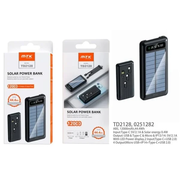 Solar Power Bank 12,000mAh with Cable (iPhone + Type C + Micro)